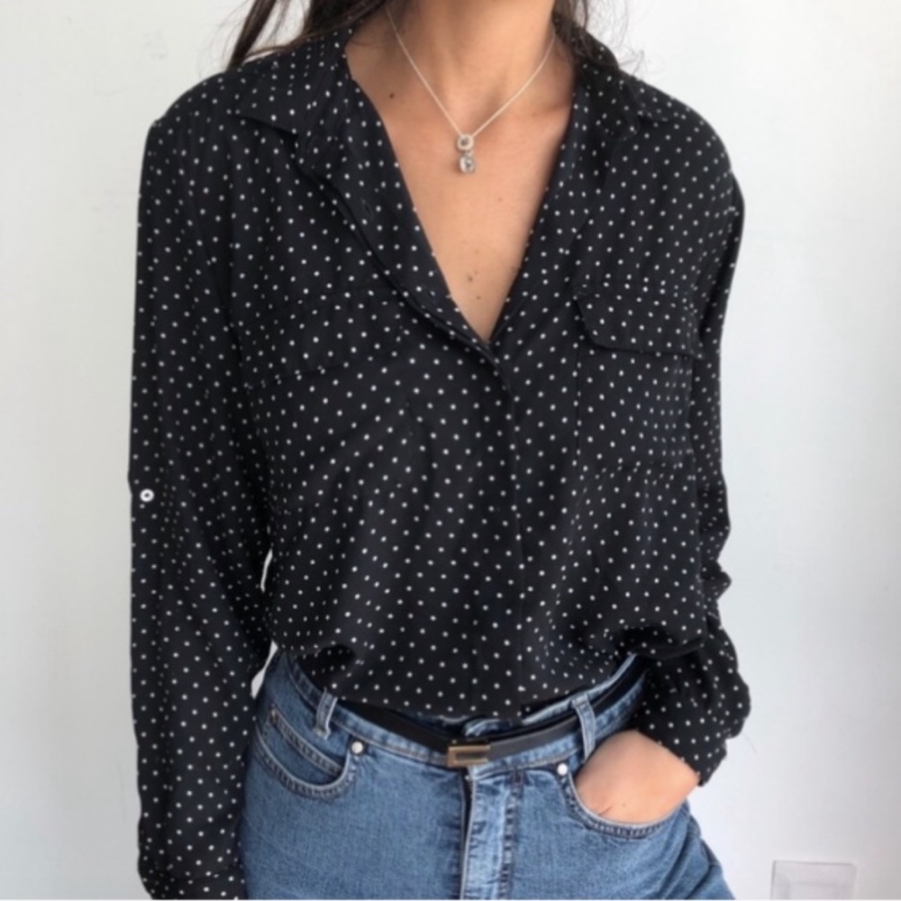 Zara Black White Polka Dot Button Up Shirt Blouse